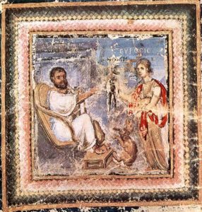 Heuresis, personificazione della scoperta, porge una mandragora a Dioscoride, Codex Aniciae Iulianae, prima del 512, Vienna, Österreichische Nationalbibliothek
