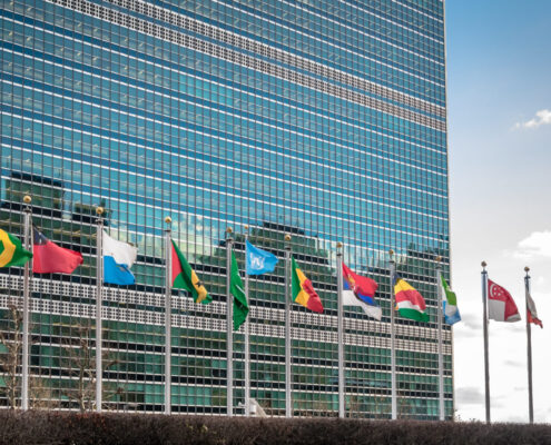 bandiere che sventolano al Palazzo di Vetro, sede delle Nazioni Unite a New York