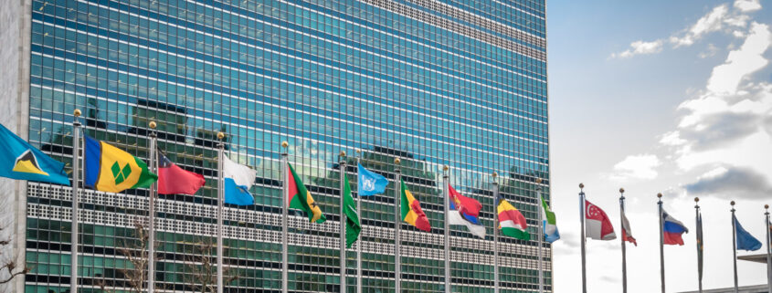 bandiere che sventolano al Palazzo di Vetro, sede delle Nazioni Unite a New York