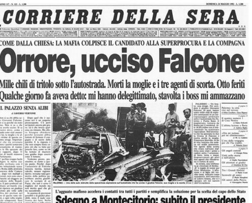 la prima pagina del Corriere della Sera del 24 maggio 1992, all'indimani della strage di Capaci