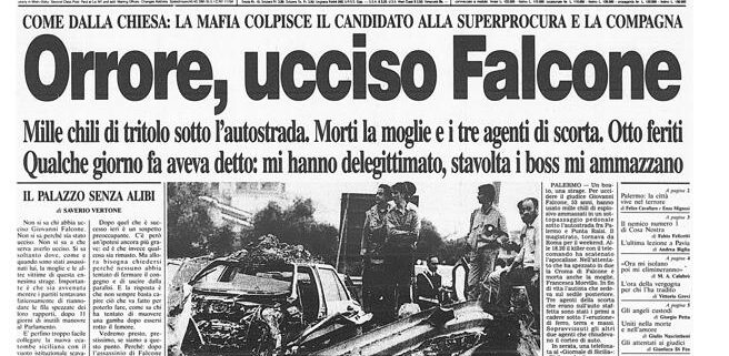 la prima pagina del Corriere della Sera del 24 maggio 1992, all'indimani della strage di Capaci